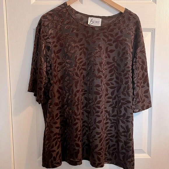 ENCORE vintage top women XL + leaf shapes velour dark brown short sleeve - Picture 1 of 7